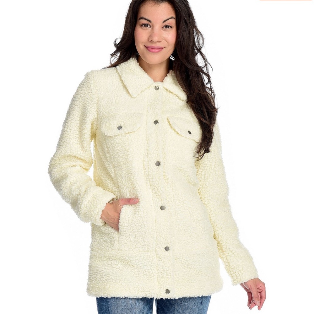 NEW - Indigo Thread Faux Sherpa Pointed Collar Zip-up Snap Front Trucker Coat